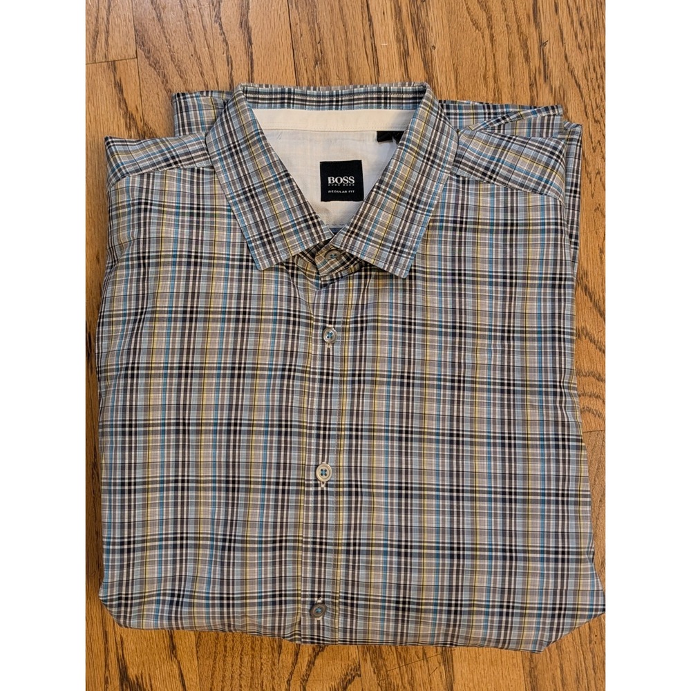 Boss Hugo Boss Shirt Men's XL Blue Regular Fit Button Down Plaid Casual Cotton